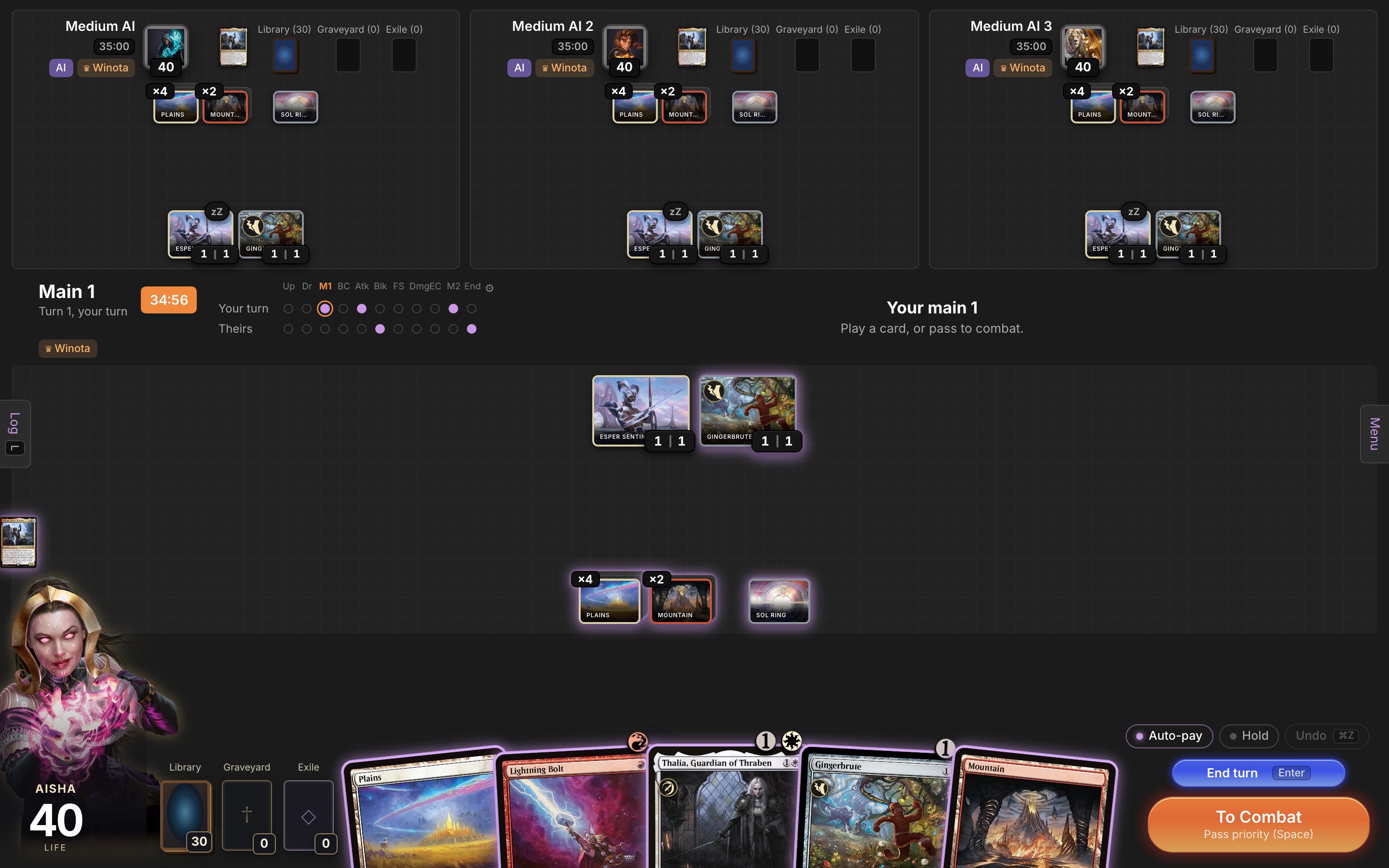 A four-player Commander game on On the Stack with three opponents above your battlefield and hand.