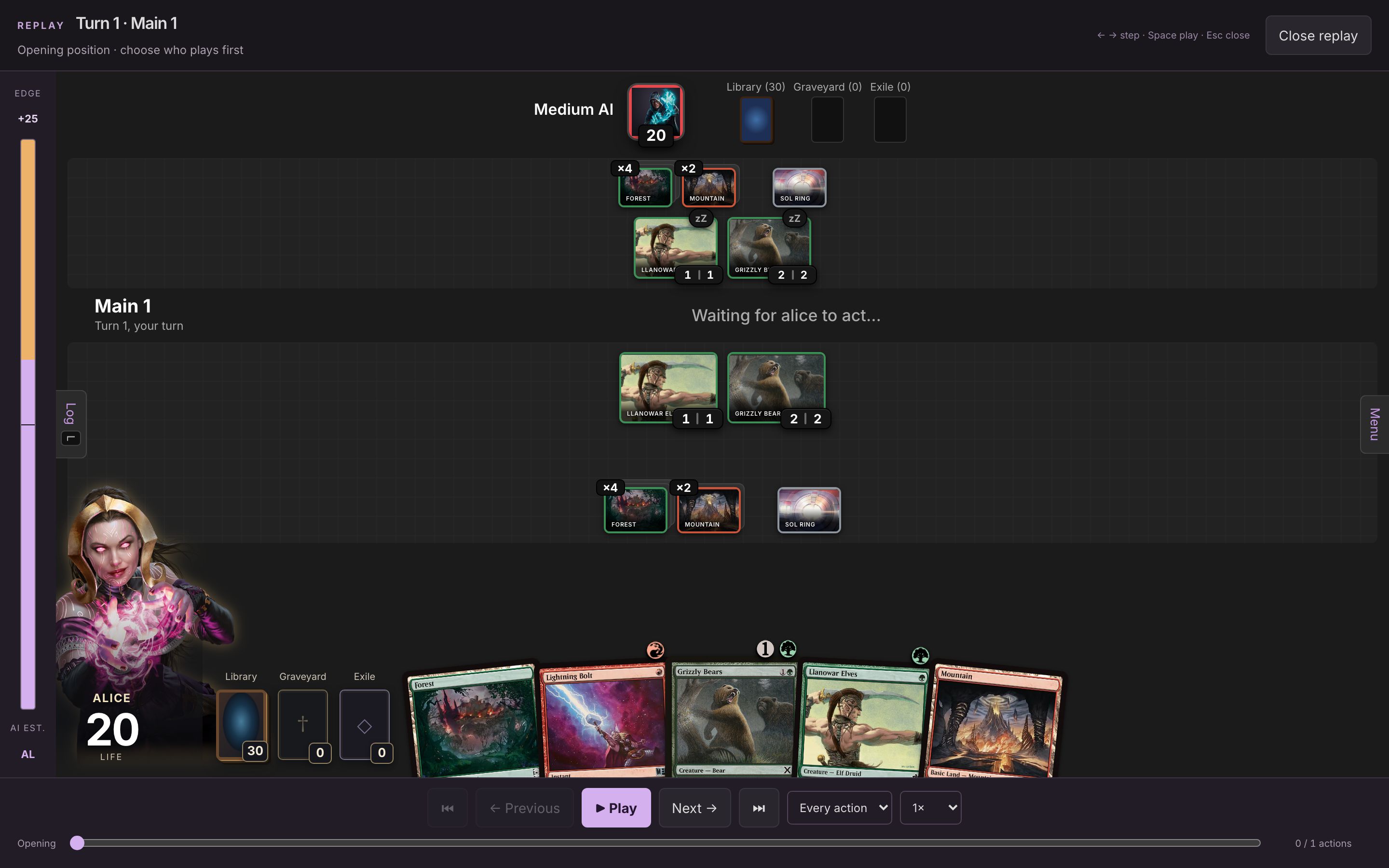 A finished game's opening position in match review, with replay controls and an action timeline.