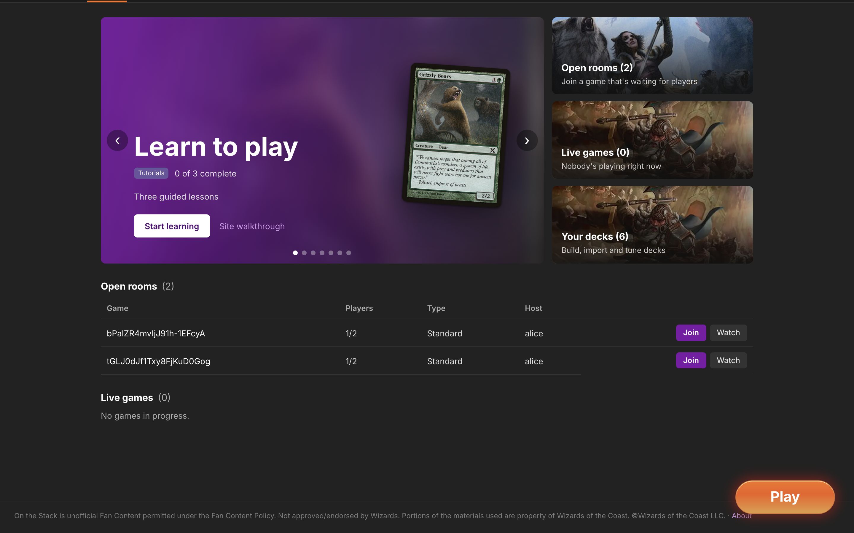 The On the Stack home screen with decks, open rooms and controls to join, watch or start a game.